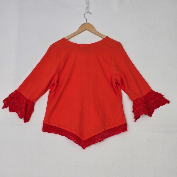 Dunes Relaxed Fashion Womens M Coral Orange Cotton Gauze Crochet Trim Blouse Top - Picture 7 of 12